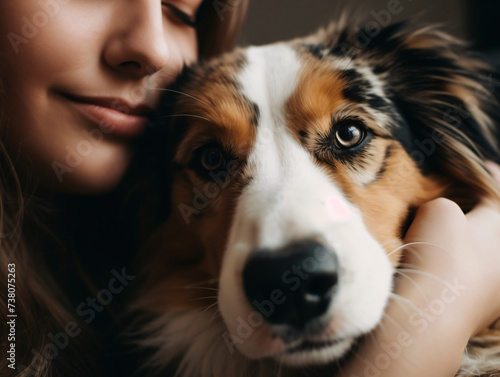 A close-up of a person cuddling with their adorable dog or cat
