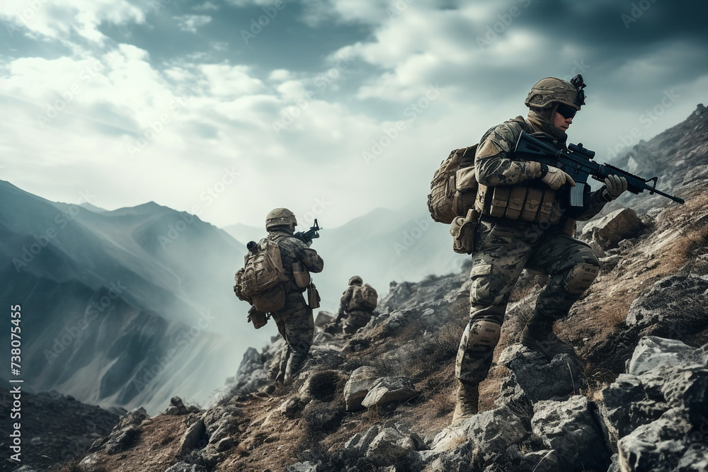 Generative AI image of helicopter landing and special forces soldiers fighting in a battle field Generative AI image of helicopter landing and special forces soldiers fighting in a battle field