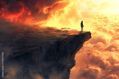 A person standing on the edge of a cliff, watching the world crumble beneath them photo