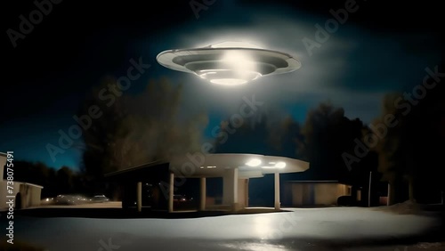 An unidentified flying object hovered in the sky, a mysterious light above a quiet suburb. Space flying saucer with lights. An alien UFO visits Earth. Aliens from another planet. Concept: science fict photo