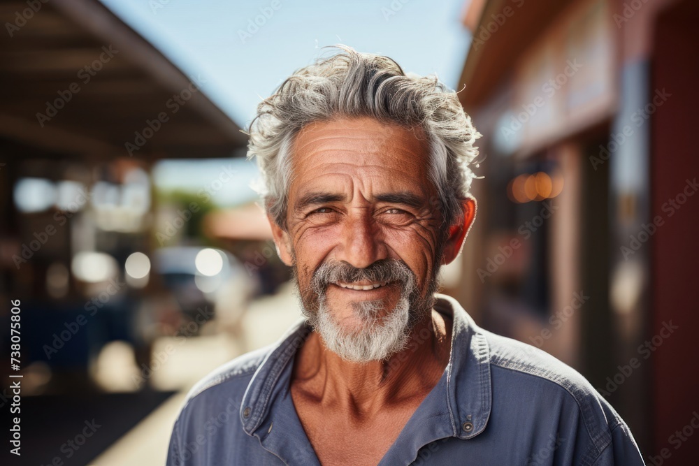 Smiling Hispanic Senior Man With Grey Hair Wearing Blue Shirt Generative AI Smiling Hispanic Senior Man With Grey Hair Wearing Blue Shirt Generative AI