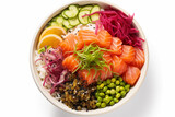 Japanese cuisine - sashimi with rice and vegetables in Bowl. Top view, white background