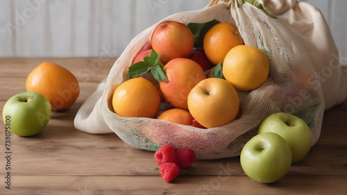 Reusable cotton mesh bag with fresh fruits lying on wooden table