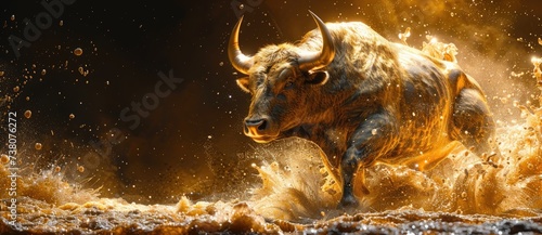 A Bull Running Through Water