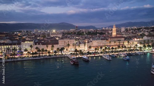 Night aerial view of old town Split, Croatia.