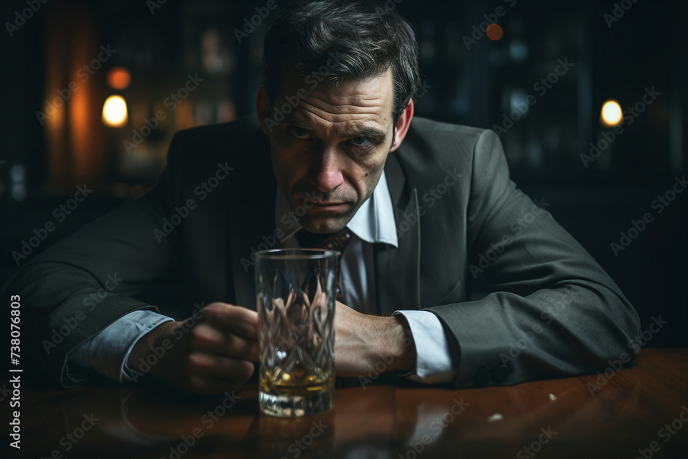 AI generated portrait of sad depressed alcoholic person sitting in a bar AI generated portrait of sad depressed alcoholic person sitting in a bar