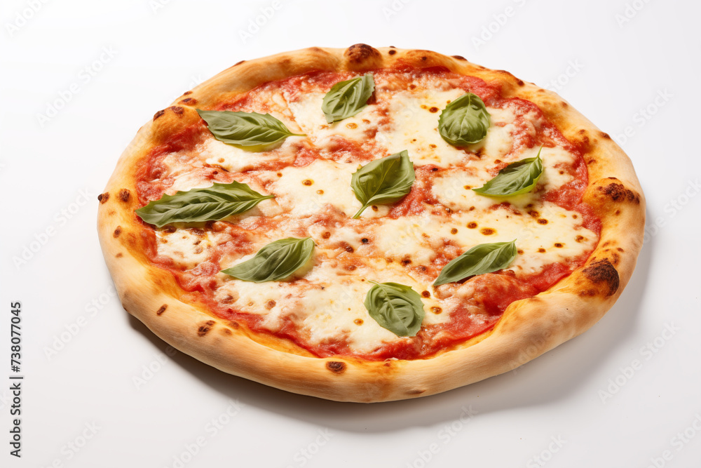 Pizza with mozzarella cheese and basil on a white background