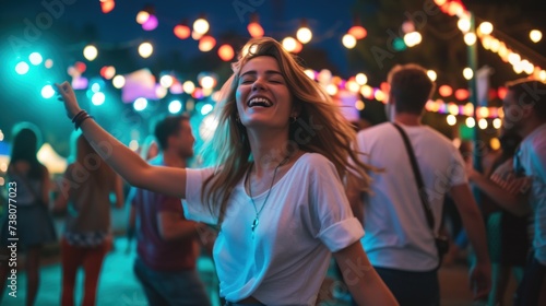 Happy young woman and her boyfriend dancing at a music concert