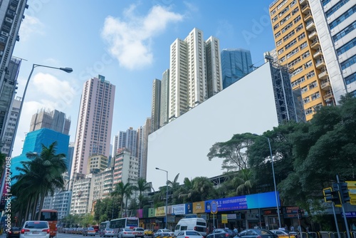 Huge white billboard on the building in a city, metropolis