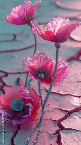 Witness a cascade of magenta dreams with poppies on the cracky and dry terrain, their vibrant beauty captured in macro close-ups. photo