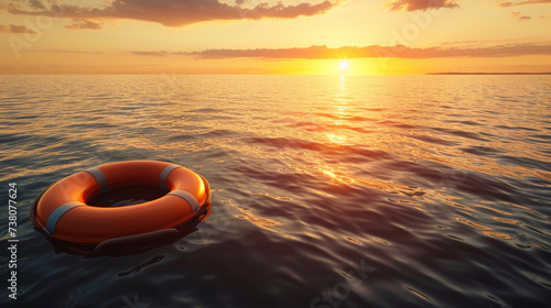 orange lifebuoy floating at sea sunset sunrise, wide horizontal banner 