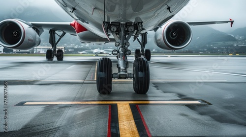 Close-ups of commercial airplane engines and landing gear on the tarmac speak to the power of modern air travel.
