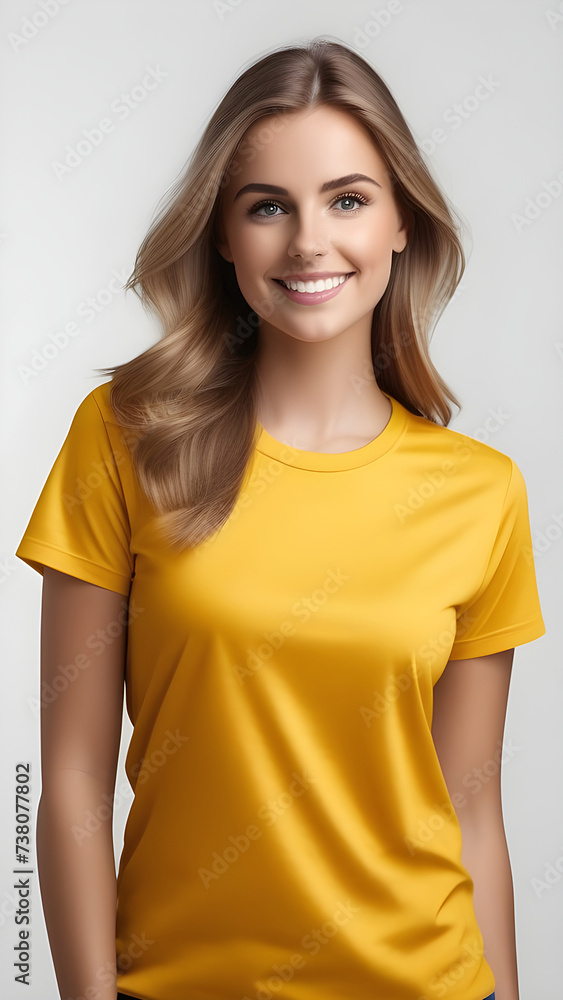 A girl in a yellow T-shirt on a light background. A girl in a yellow T-shirt on a light background.