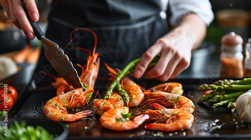Seafood Professional female cook prepares shrimp with asparagus. Cooking seafood, healthy vegetarian food and food on dark background. Horizontal view. Oriental kitchen