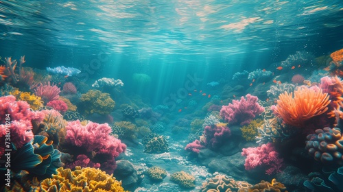 Close Up Colorful Coral Reef, beautiful sea coral, sunlight, fish © jirayut