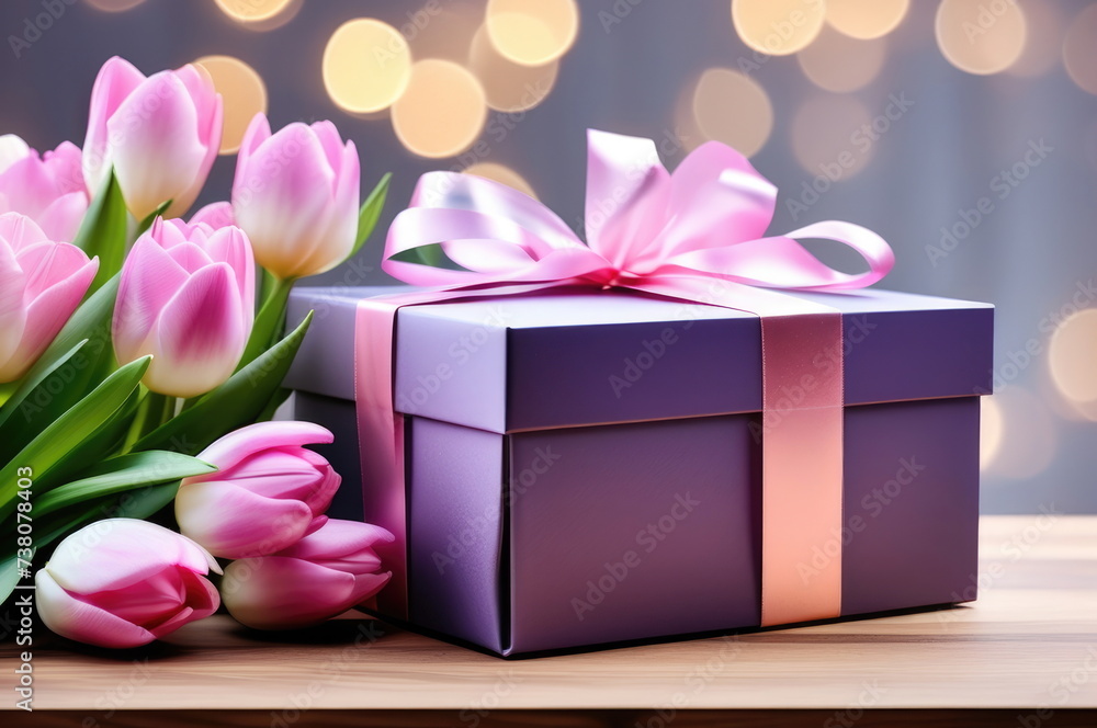 Tulips with Gift Box on Wooden Table Tulips with Gift Box on Wooden Table