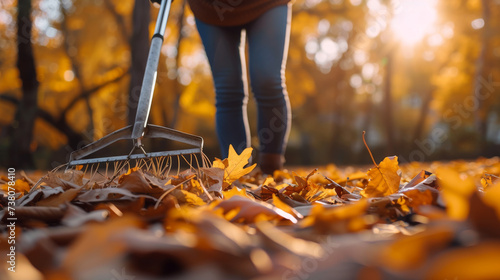 Person rake leaves in autumn 