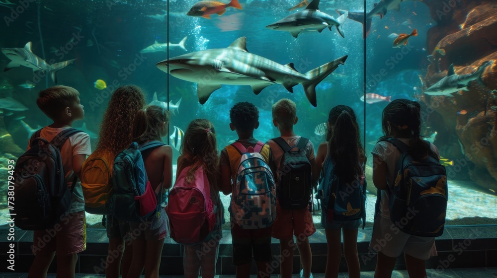 photograph of View of a group of schoolchildren wearing backpacks viewing sharks and other marine life in an aquarium during a field trip. - obrazy, fototapety, plakaty 