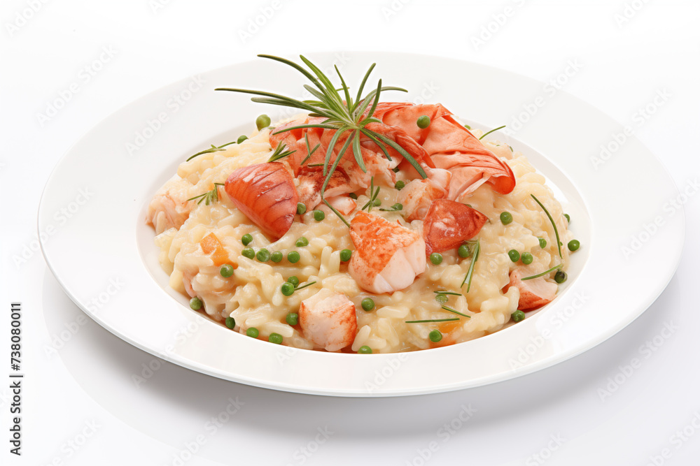 Plate of Lobster Risotto with shrimps and green peas on white background Plate of Lobster Risotto with shrimps and green peas on white background