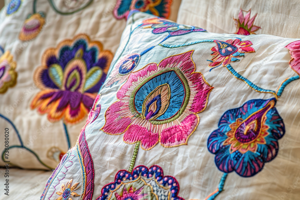 Obraz premium Ikat floral paisley embroidery on cream background.Ikat ethnic oriental pattern.