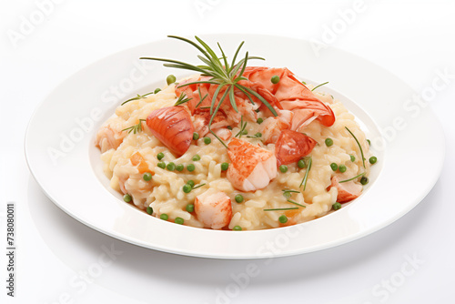 Plate of Lobster Risotto with shrimps and green peas on white background