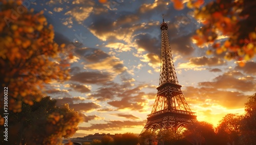 Sunset glow at eiffel tower surrounded by autumn leaves. picturesque parisian scene. ideal for travel and romance. AI