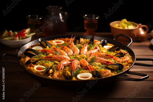 Paella with seafood  rice and vegetables on a dark background.