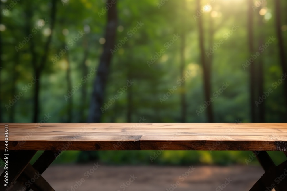 Wooden table on forest camp background Wooden table on forest camp background