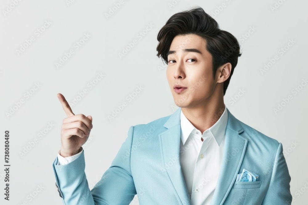 Young handsome Korean businessman wearing a light blue suit on a white background, isolated, pointing his finger sideways. with copy space Young handsome Korean businessman wearing a light blue suit on a white background, isolated, pointing his finger sideways. with copy space