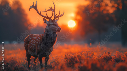 Wildlife illustration. A majestic deer with proudly towering antlers stands calmly and regal in the mystical unusual forest., through which sunlight only occasionally penetrates. Rare. photo