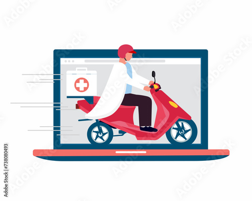 Online Pharmacy medicines delivery by motorcycle online Healthcare delivery service vector illustration.