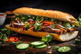 Delicious hot dog with beef and vegetables on a dark background.