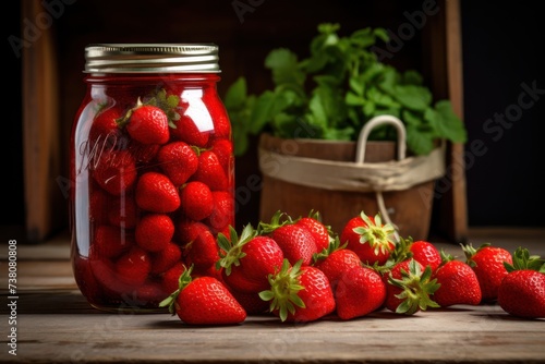 strawberries in a glass jar on the table, fresh strawberries with a home kitchen background