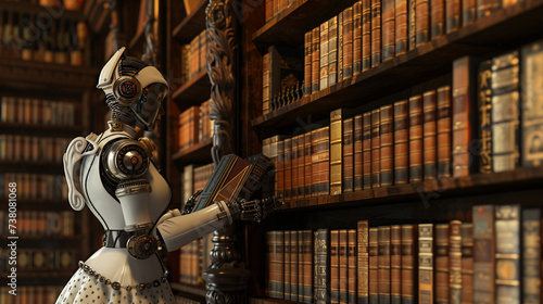 A meticulously detailed 3D render capturing a Victorian maid robot dusting a collection of antique books in a cozy library photo