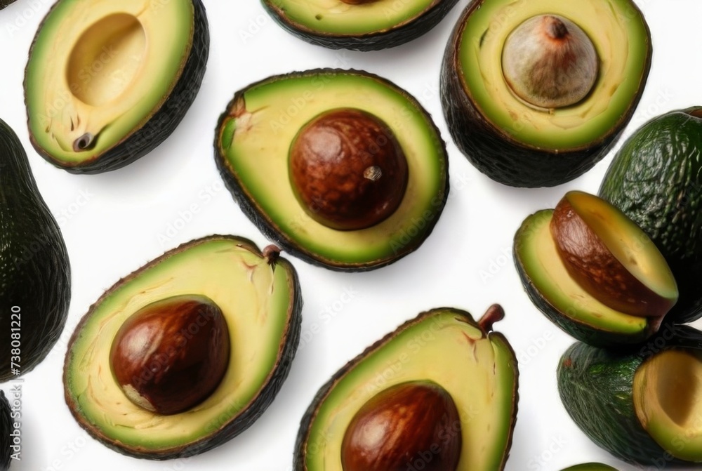 The fresh avocado cut in half, revealing its creamy flesh and seed The fresh avocado cut in half, revealing its creamy flesh and seed