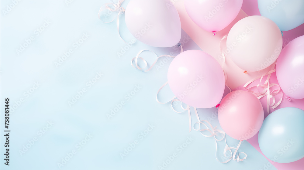 Urodzinowe minimalistyczne błękitne tło na życzenia lub metryczkę z balonami i dekoracjami - narodziny dziecka - dziewczynki lub chłopca.  - obrazy, fototapety, plakaty 