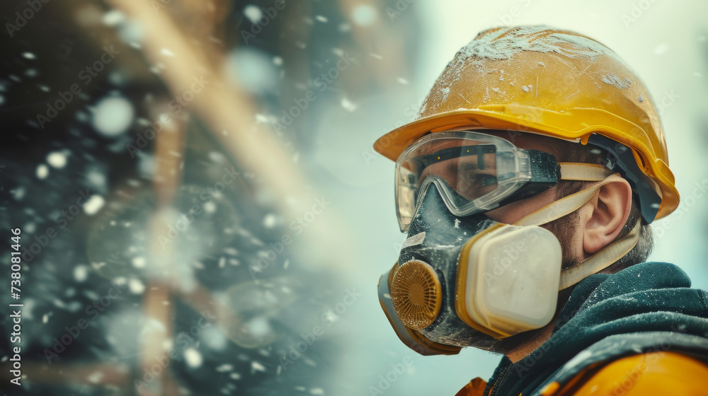 Professional construction worker wearing a high-grade dust mask, surrounded by lot of floating particles of glass wool dust in a construction site
Professional construction worker wearing a high-grade dust mask, surrounded by lot of floating particles of glass wool dust in a construction site