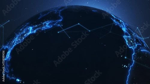 Global communication lines, data exchange, digital world connection. Planet at night with nodal links. Beautiful rotating Earth with a digitized network. Links between cities. Information exchange 4k. photo