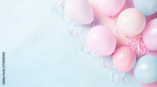 Urodzinowe minimalistyczne błękitne tło na życzenia lub metryczkę z balonami i dekoracjami - narodziny dziecka - dziewczynki lub chłopca. 
