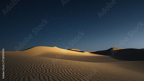 Soft dunes under a twilight sky sprinkled with stars, creating a serene desert backdrop, suitable for travel, meditation, or environmental concepts.