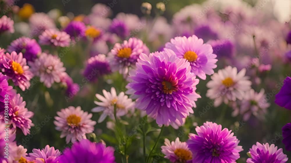 A sweeping view of a field bursting with vivid pink and yellow flowers. A sweeping view of a field bursting with vivid pink and yellow flowers.