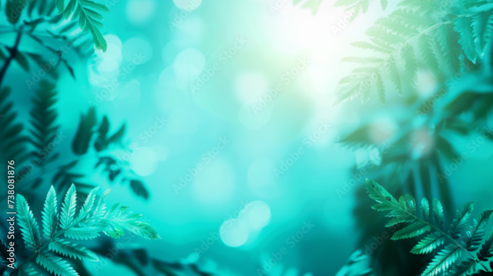 Beautiful background with fresh emerald green fern foliage in spring summer sunlight and defocused bokeh.
