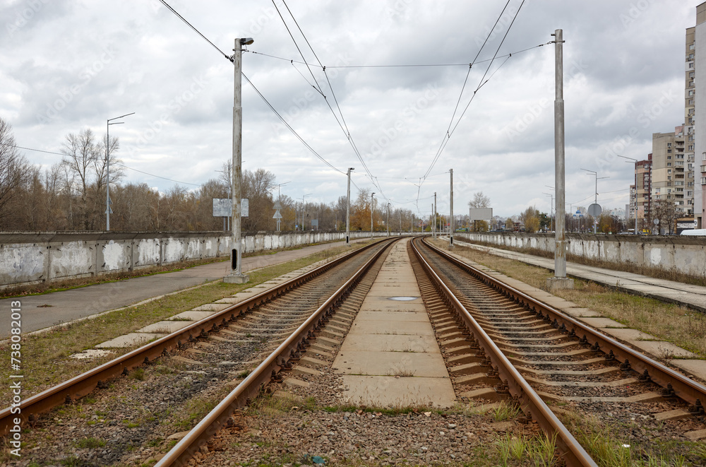 City landscape with railroad. Empty Railroad Track