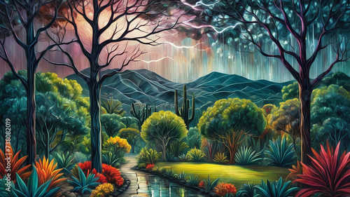 Artistic landscape with trees and water
