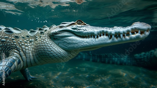 Close up Crocodile underwater.Crocodile teeth.