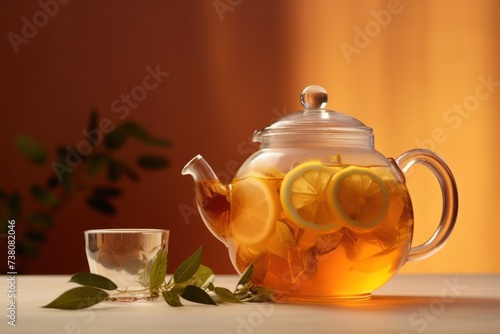 Transparent teapot with ice tea. Glass teapot with hot citrus tea from oranges, lemons and limes, yellow background