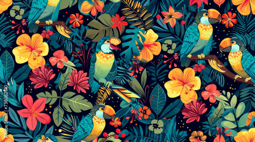 Seamless pattern background influenced by the organic forms and vibrant colors of tropical rainforests with colourful birds and flowers
 photo