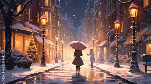 Little sweet girl carrying umbrella in the middle of evening city street in dramatic snow season, cartoon illustration.