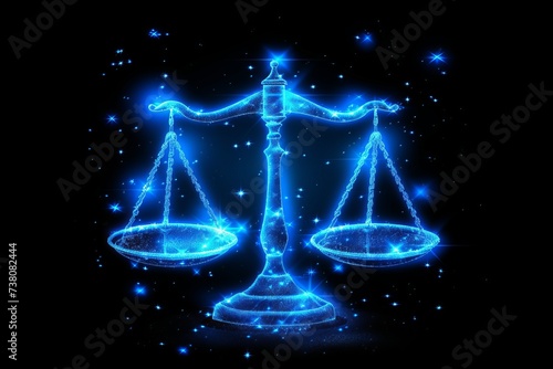 Glowing libra zodiac sign in blue on black background, vector style illustration