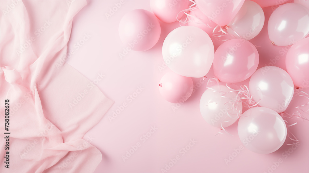 Urodzinowe minimalistyczne różowe tło na życzenia  lub metryczkę z balonami i dekoracjami - narodziny dziecka - dziewczynki - obrazy, fototapety, plakaty 